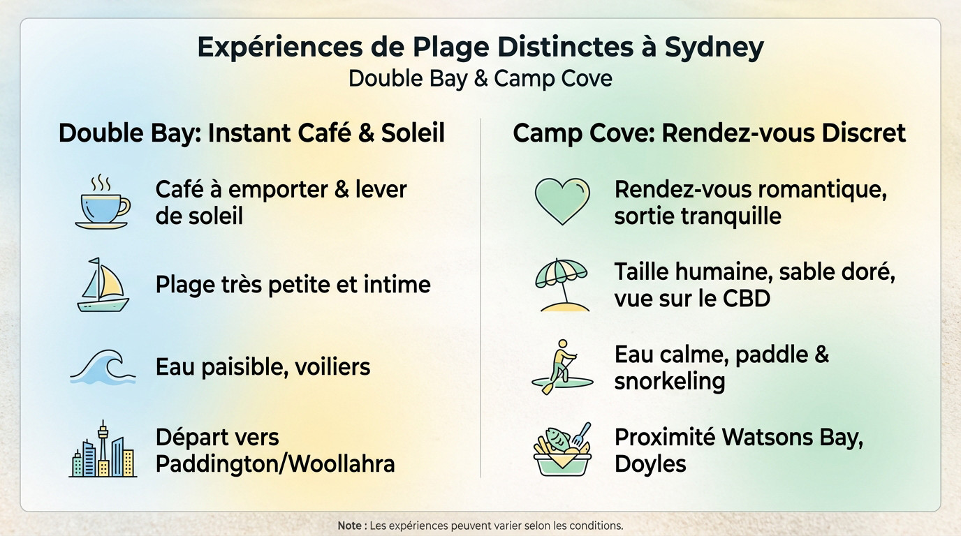 Comparaison entre le calme matinal de Double Bay et l'ambiance romantique de Camp Cove à Sydney